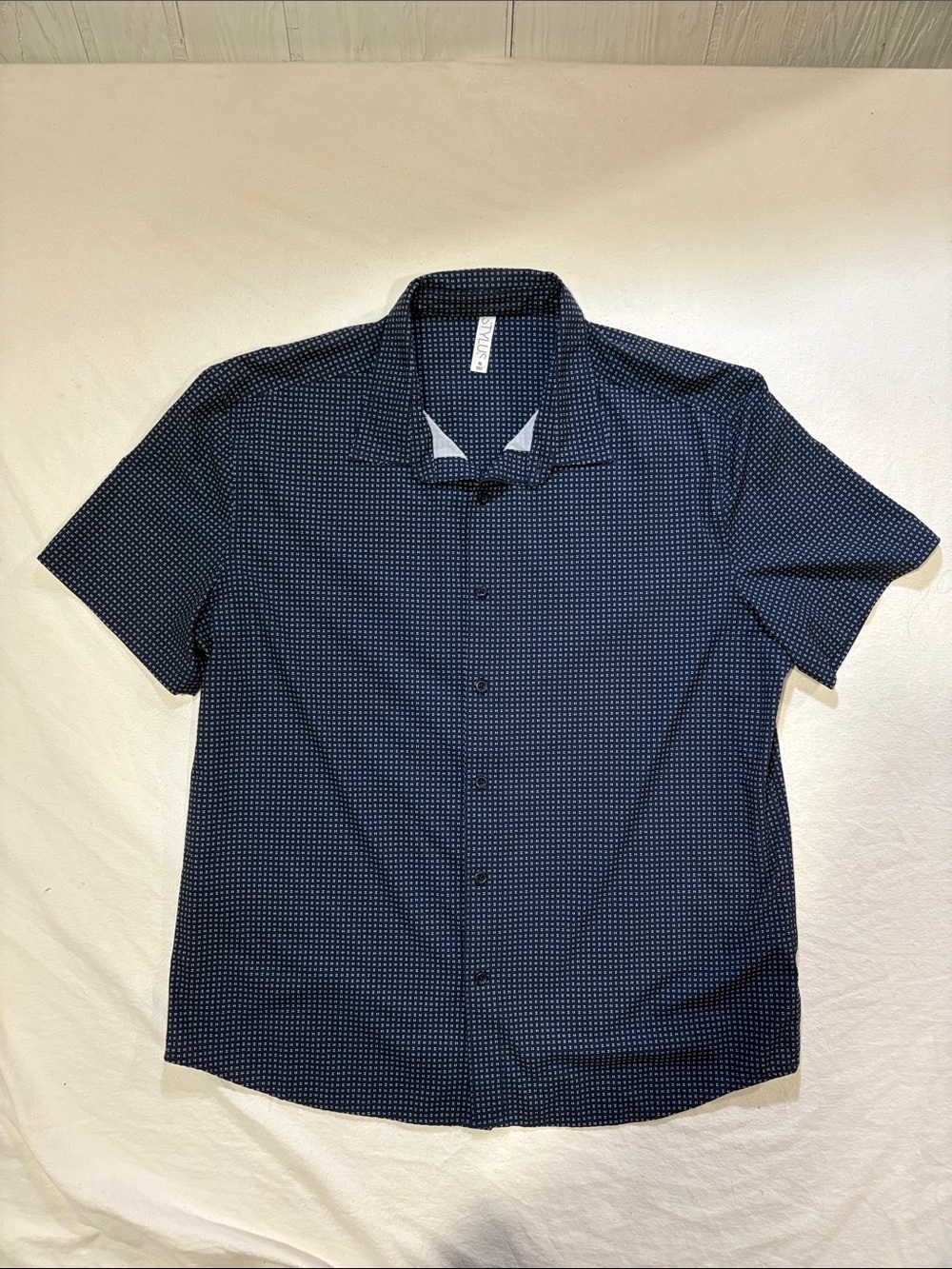 Stylus Navy Blue Geo Micro Grid Short Sleeve Button Up Shirt - Size XL